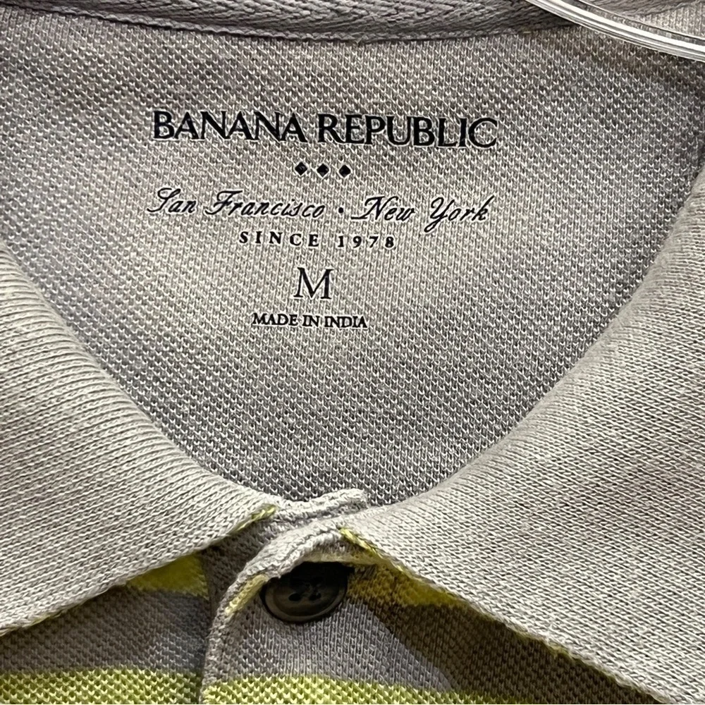Banana Republic Mens Gray & Green Striped Polo Shirt, Size Medium